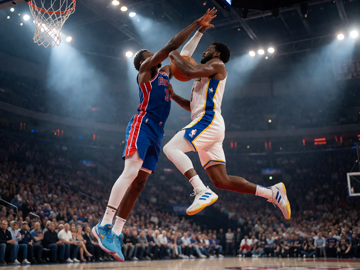 NBA篮球比赛现场，球员激烈对抗，场馆灯光聚焦球场，观众席气氛热烈